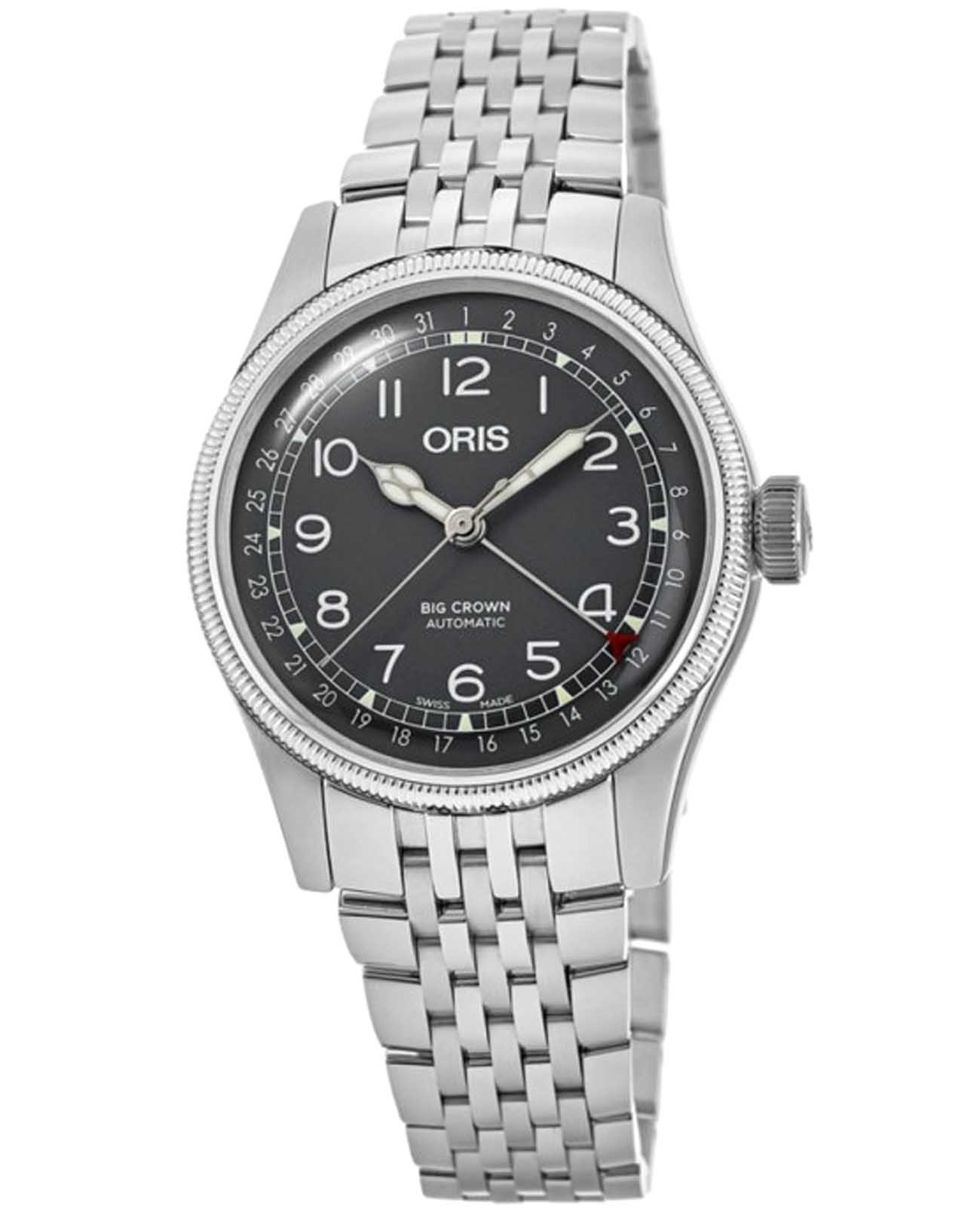 Oris Oris Big Crown Pointer Date 01 754 7749 4064-07 8 17 22  01 754 7749 4064-07 8 17 22 механические мужские часы черный циферблат, браслет нержавеющая сталь — вид спереди